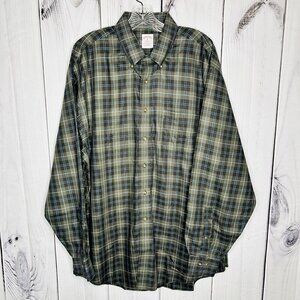 Brooks Brothers 346 Button Down Shirt Sz XL Olive Green Plaid Non Iron Cotton